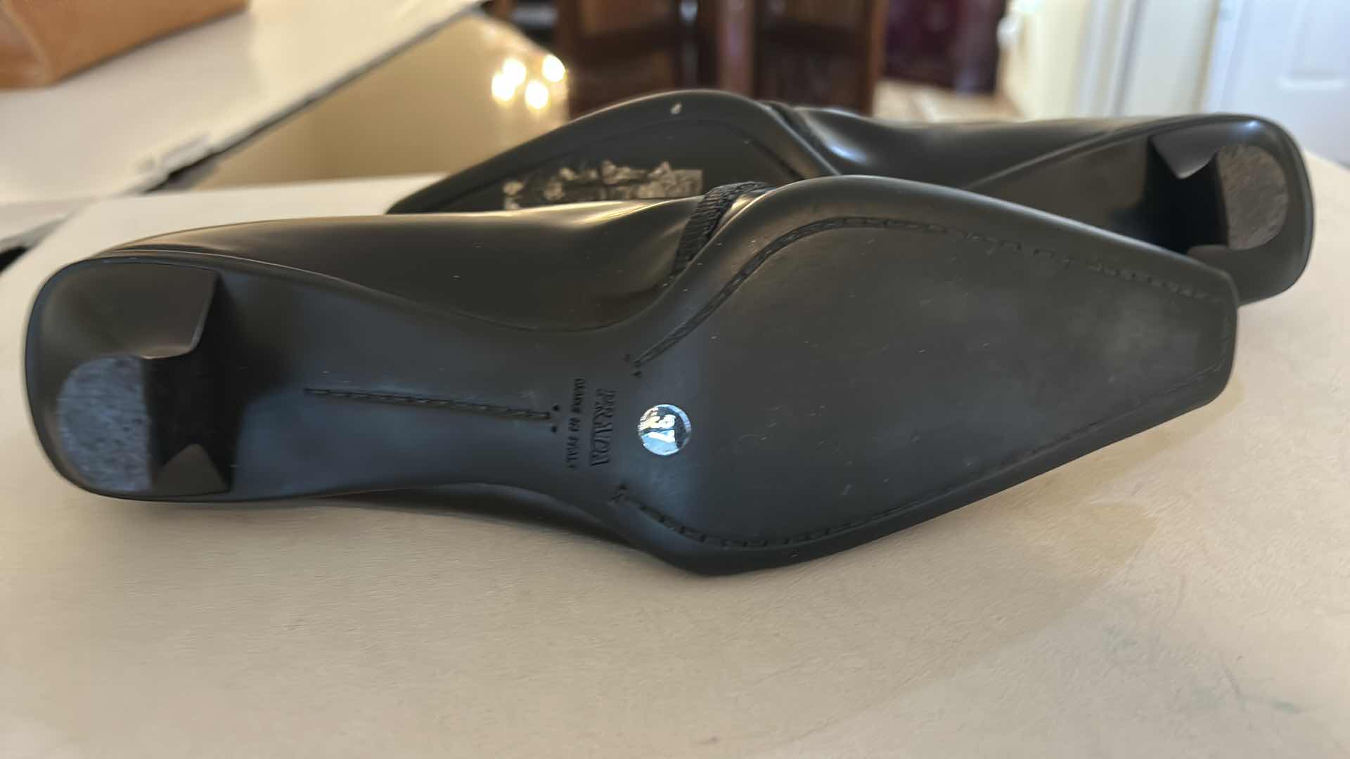 Photo 1 of PRADA BLACK LEATHER SQUARE TOE PUMPS, SIZE 7
