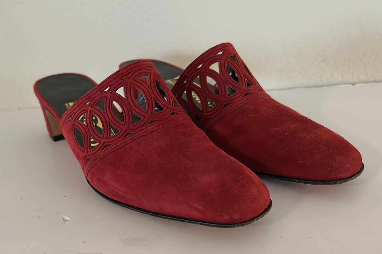Photo 1 of RED SUEDE SALVATORE FERRAGAMO SLIDE MULE HEELS SIZE 7