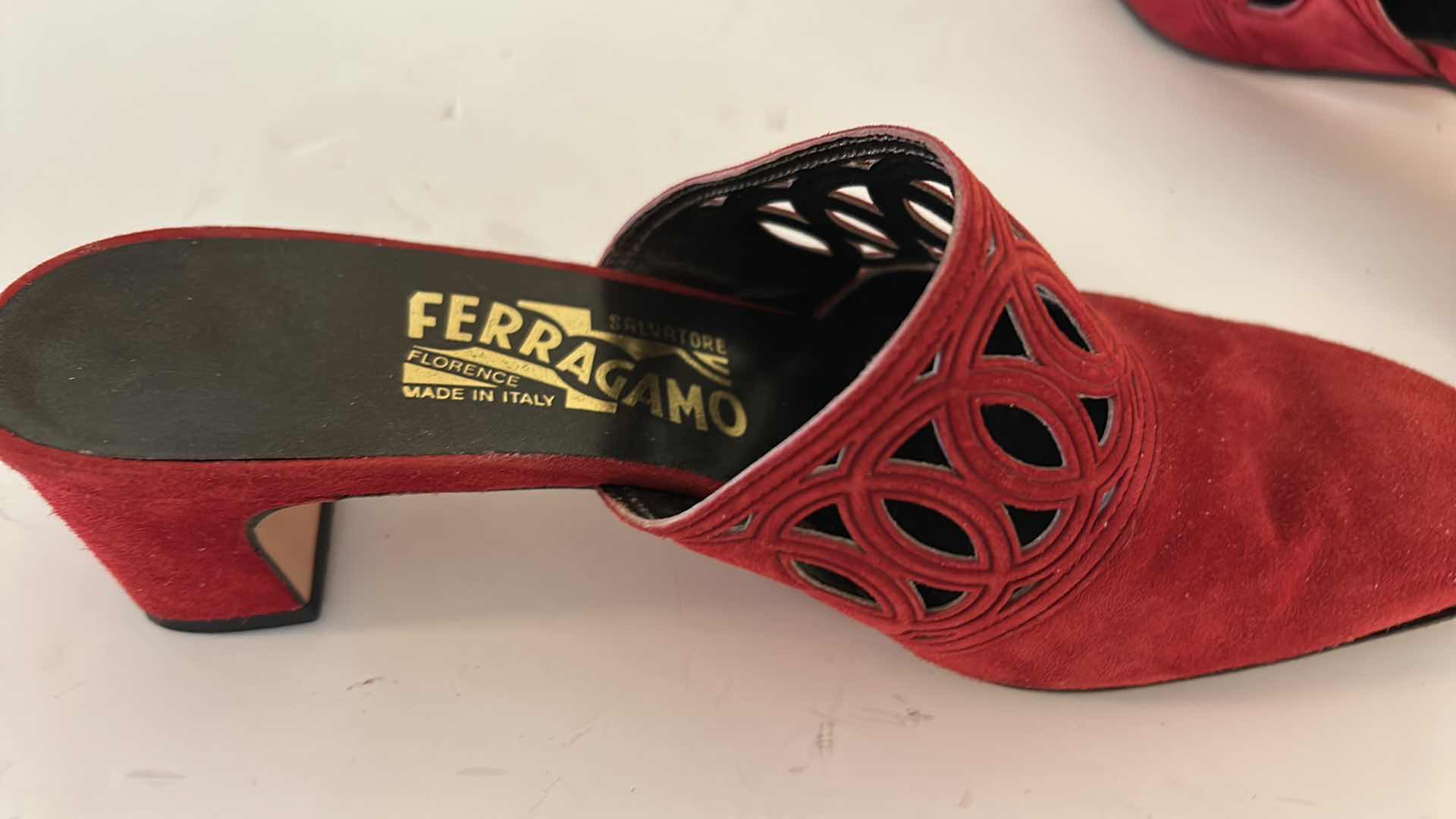 Photo 1 of RED SUEDE SALVATORE FERRAGAMO SLIDE MULE HEELS SIZE 7
