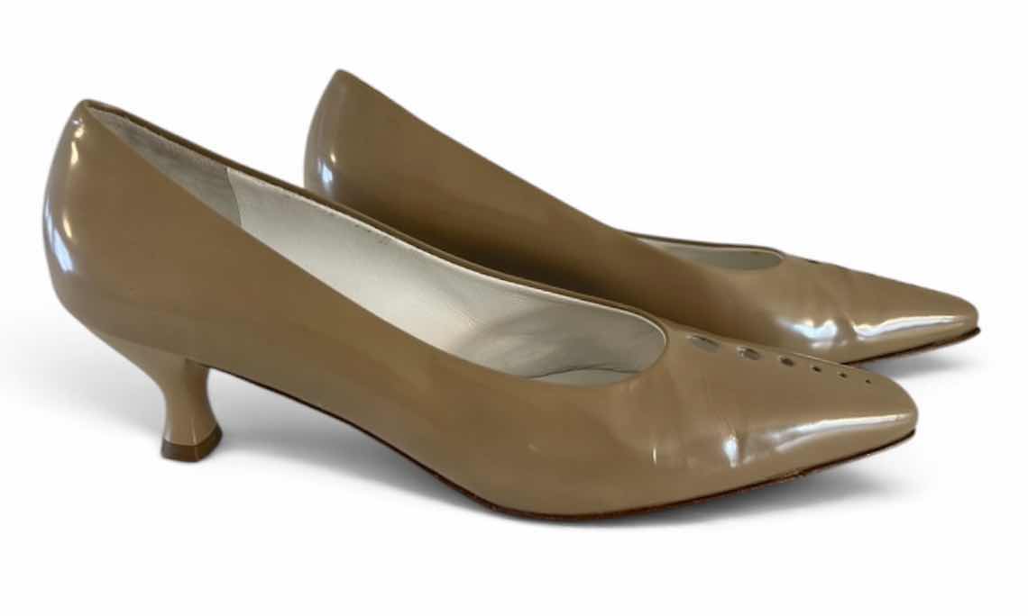 Photo 1 of SALVATORE FERRAGAMO, BEIGE PATENT LEATHER PUMPS SIZE 7