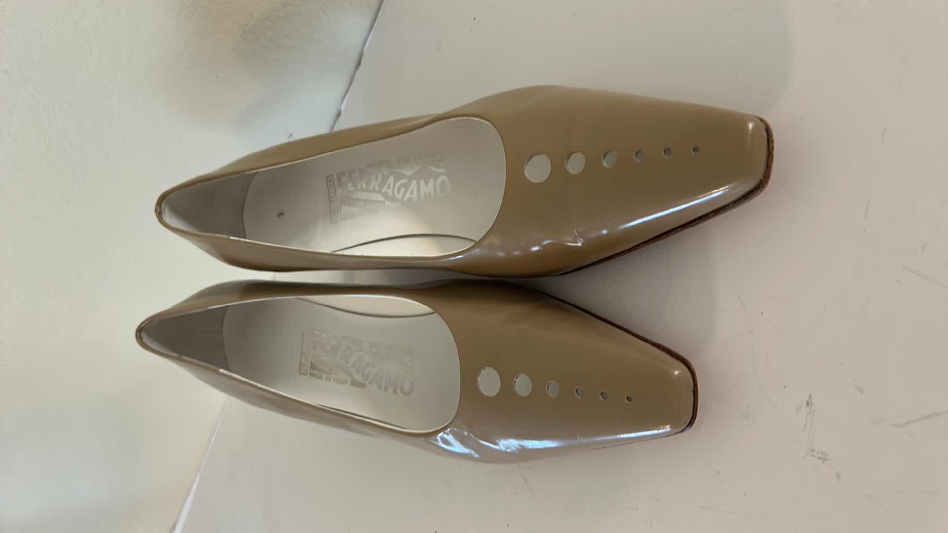 Photo 1 of SALVATORE FERRAGAMO, BEIGE PATENT LEATHER PUMPS SIZE 7