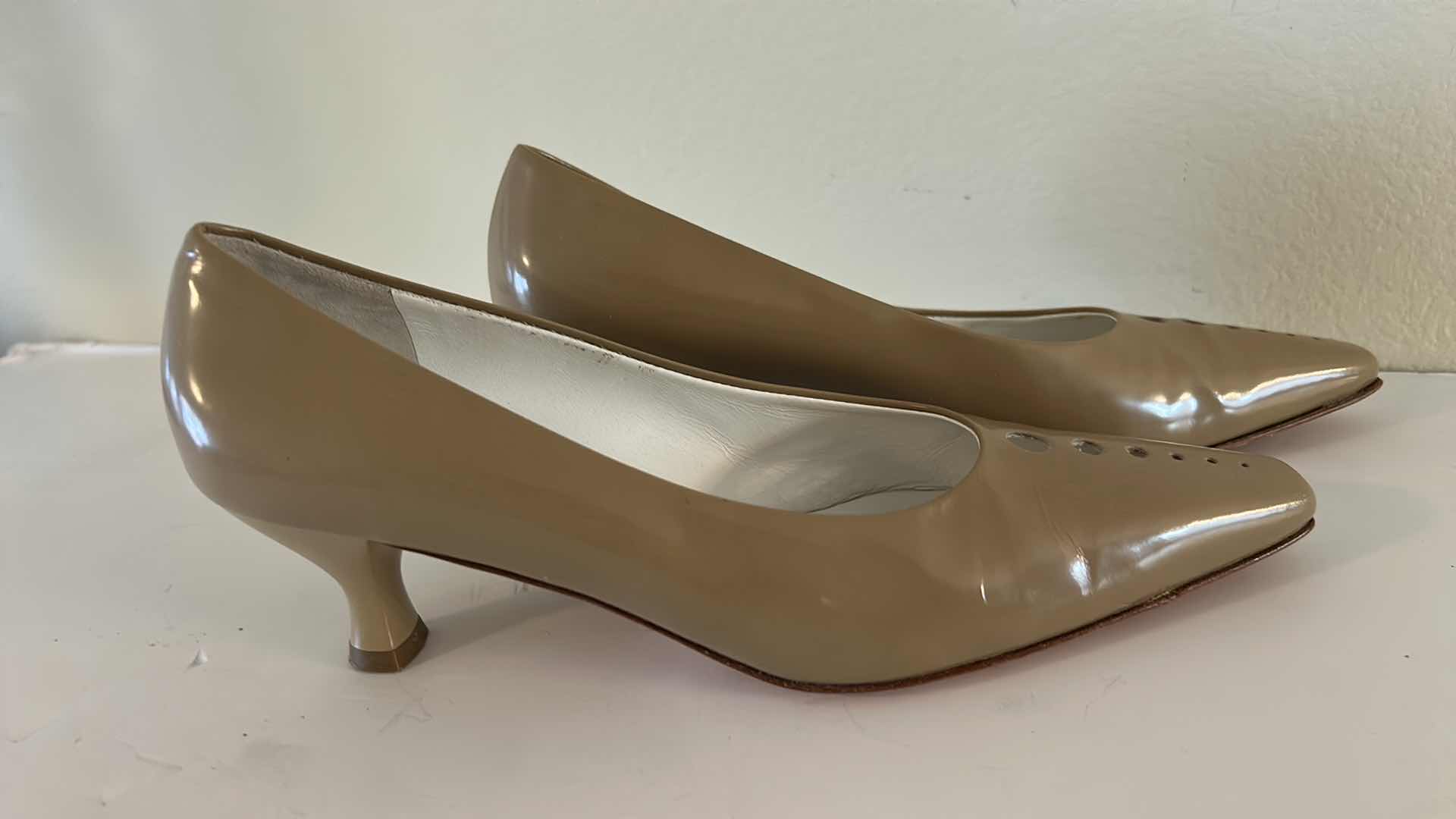 Photo 1 of SALVATORE FERRAGAMO, BEIGE PATENT LEATHER PUMPS SIZE 7