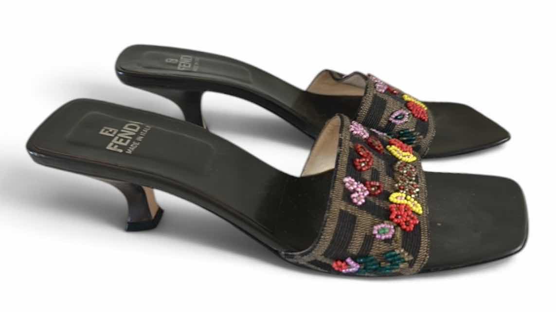 Photo 1 of FENDI ZUCCA CANVAS BEADED SLIDE MULE HEELS SIZE 7