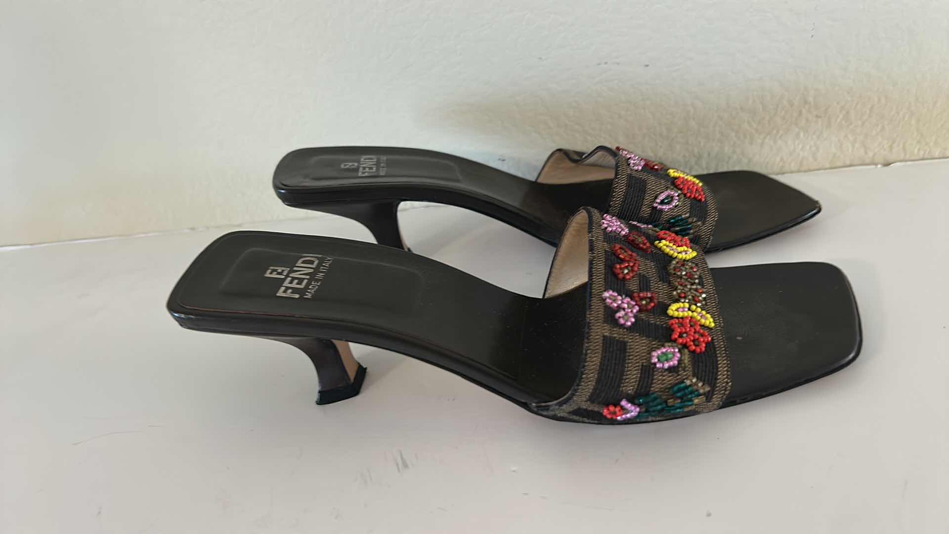 Photo 1 of FENDI ZUCCA CANVAS BEADED SLIDE MULE HEELS SIZE 7