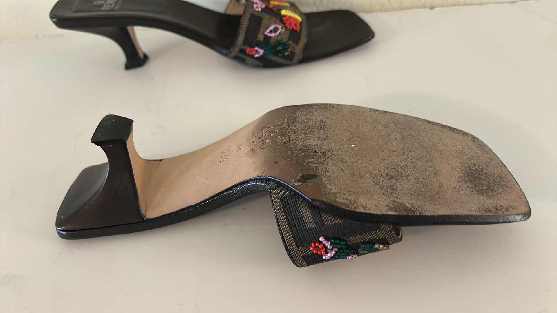 Photo 1 of FENDI ZUCCA CANVAS BEADED SLIDE MULE HEELS SIZE 7