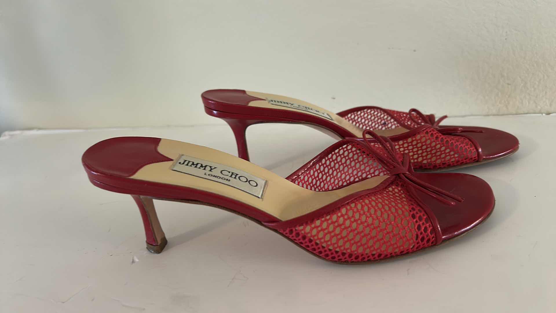 Photo 1 of JIMMY CHOO LIPSTICK RED FISHNET MESH BOW MULE HEELS SIZE 7