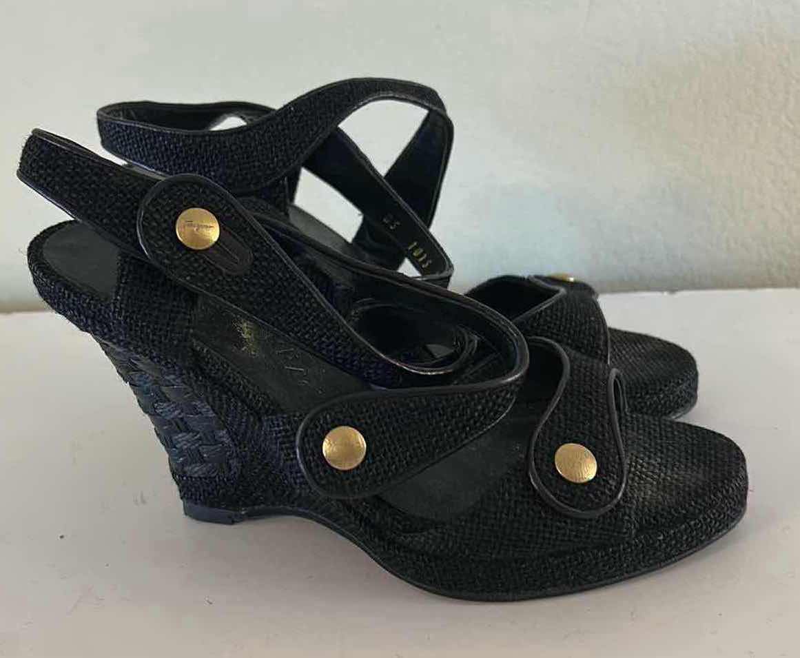 Photo 1 of VINTAGE SALVATORE FERRAGAMO, BLACK WOVEN MESH WRAP WEDGE SANDALS SIZE 7