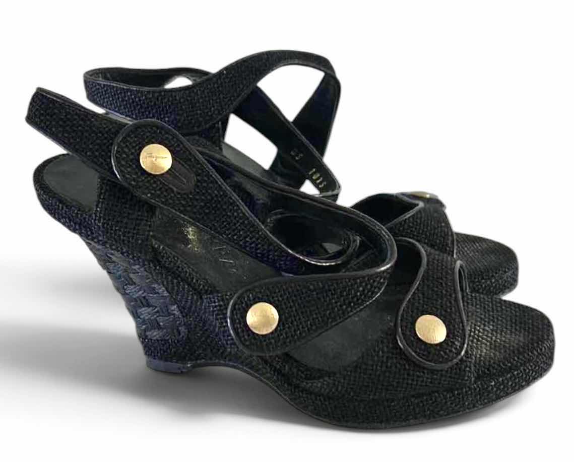 Photo 1 of VINTAGE SALVATORE FERRAGAMO, BLACK WOVEN MESH WRAP WEDGE SANDALS SIZE 7