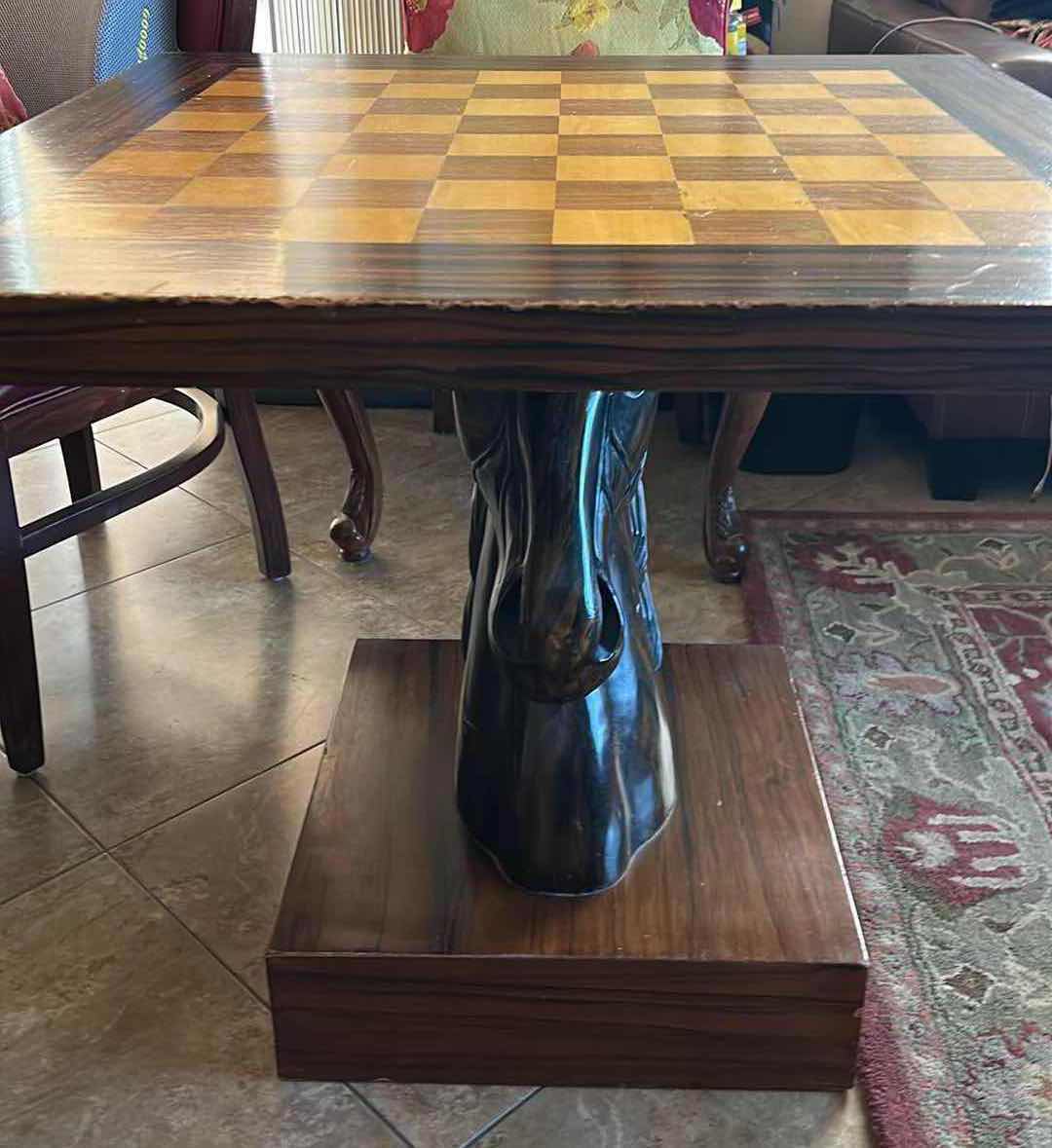Photo 1 of MID-CENTURY MODERN ROSEWOOD CHEST TABLE WITH CHESS PIECES Mid-Century Modern rosewood chess table featuring an. 32“ x 32“ x 27 1/2“