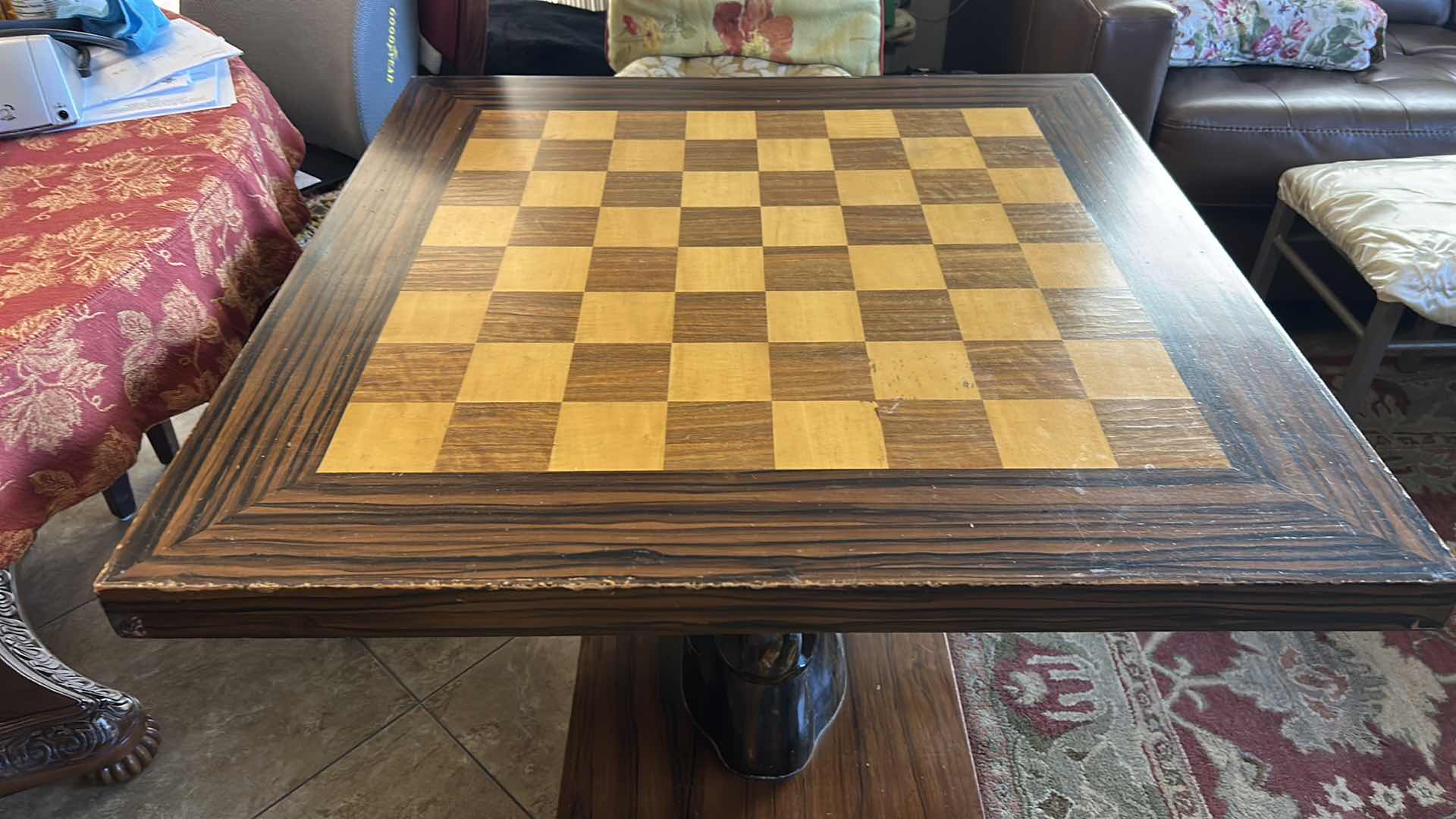 Photo 1 of MID-CENTURY MODERN ROSEWOOD CHEST TABLE WITH CHESS PIECES Mid-Century Modern rosewood chess table featuring an. 32“ x 32“ x 27 1/2“