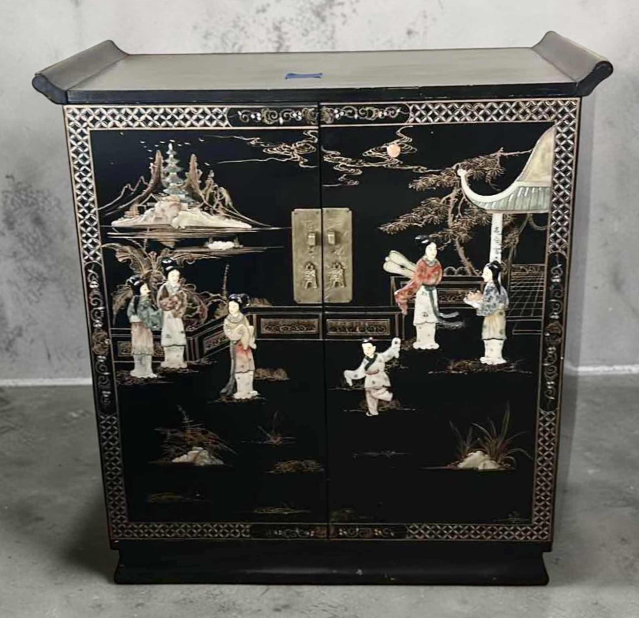 Photo 1 of CHINESE CHINOISERIE BLACK LACQUER CABINET W MOTHER-OF-PEARL AND SOAPSTONE FIGURES 27 1/2“ x 18“ x H39 1/2“