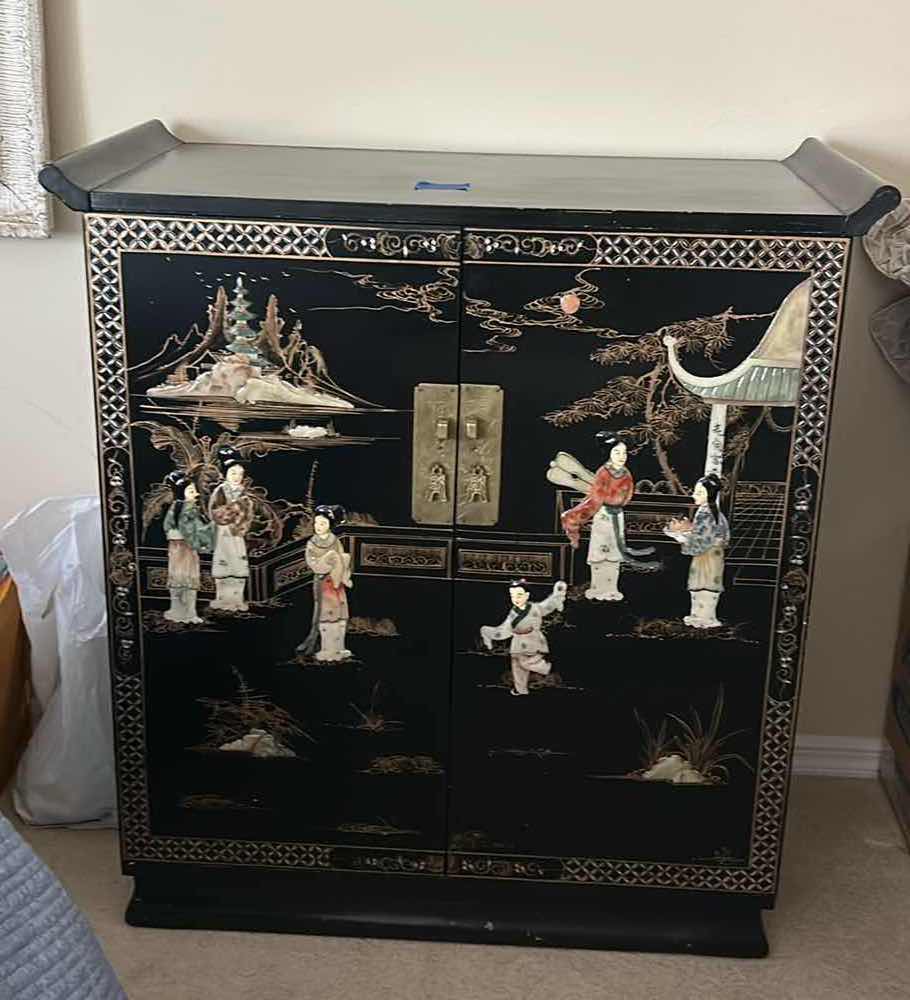 Photo 1 of CHINESE CHINOISERIE BLACK LACQUER CABINET W MOTHER-OF-PEARL AND SOAPSTONE FIGURES 27 1/2“ x 18“ x H39 1/2“