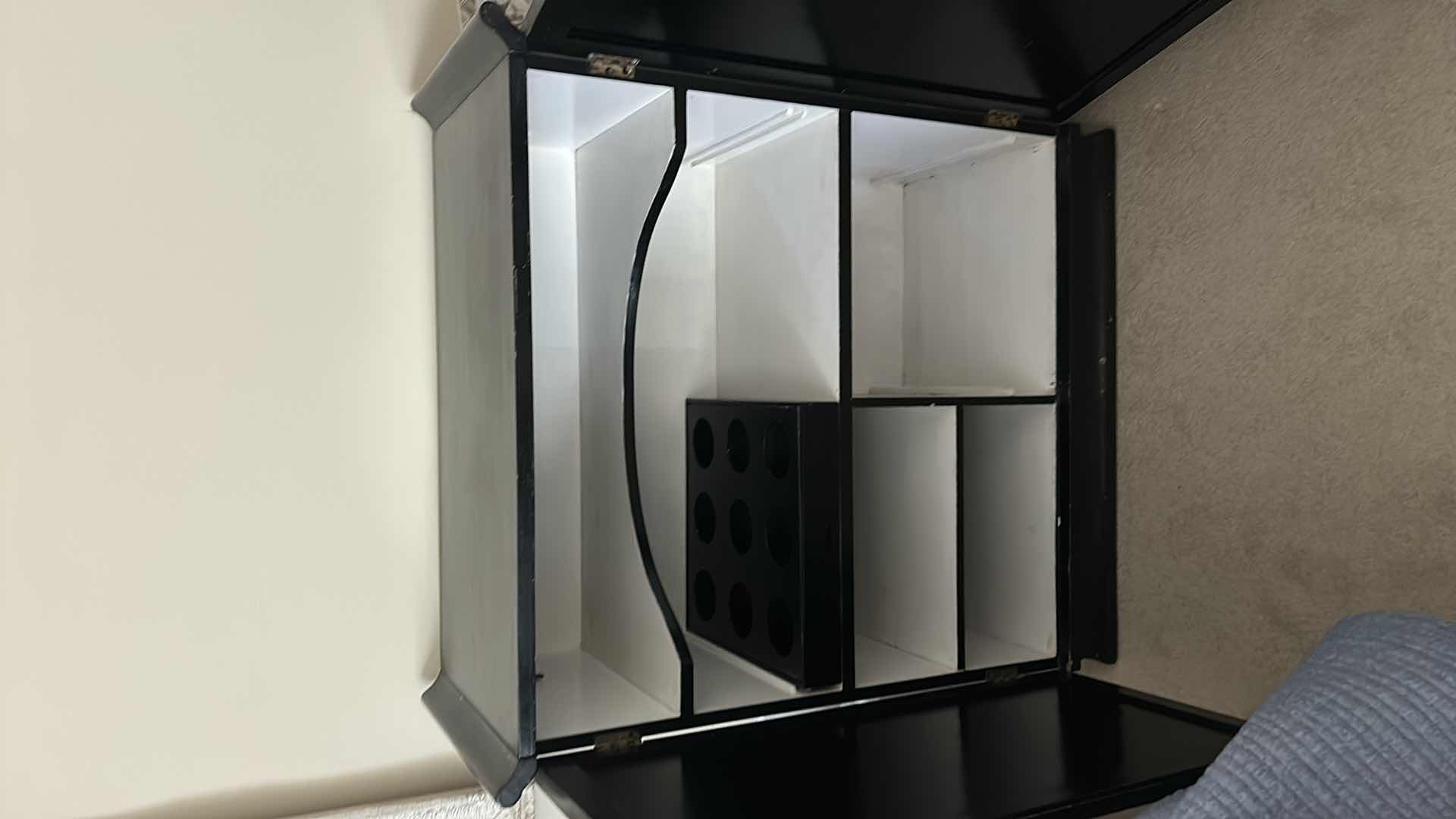 Photo 1 of CHINESE CHINOISERIE BLACK LACQUER CABINET W MOTHER-OF-PEARL AND SOAPSTONE FIGURES 27 1/2“ x 18“ x H39 1/2“