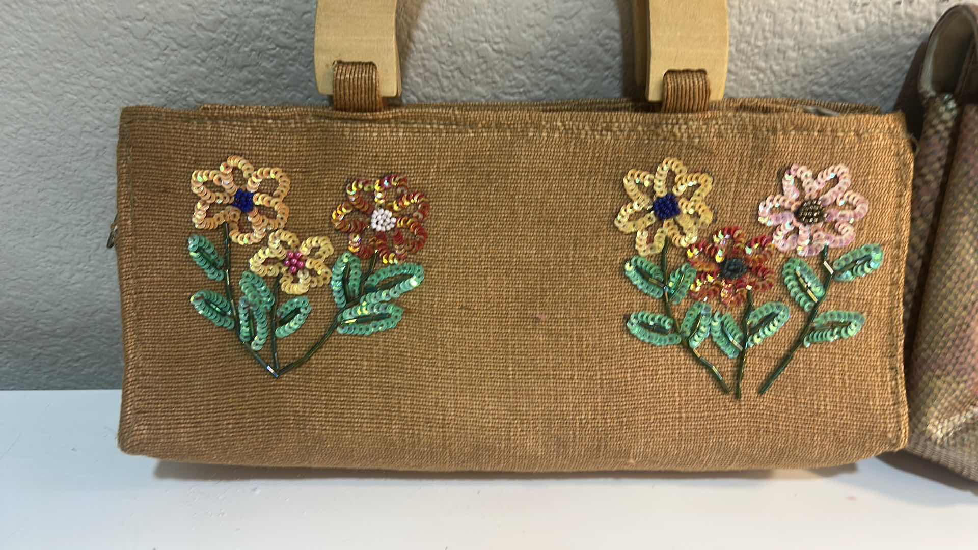 Photo 1 of VINTAGE EMBROIDERED WOVEN TAN HANDBAG  & MULTI-TEXTURE PATCHWORK CLUTCH BAG