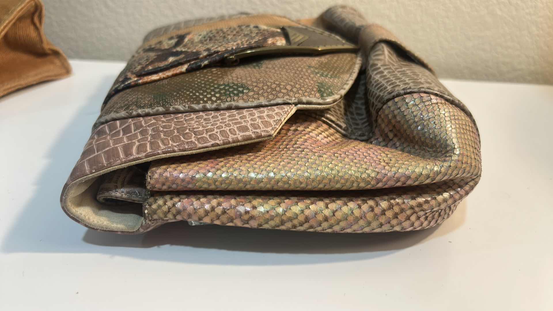 Photo 1 of VINTAGE EMBROIDERED WOVEN TAN HANDBAG  & MULTI-TEXTURE PATCHWORK CLUTCH BAG