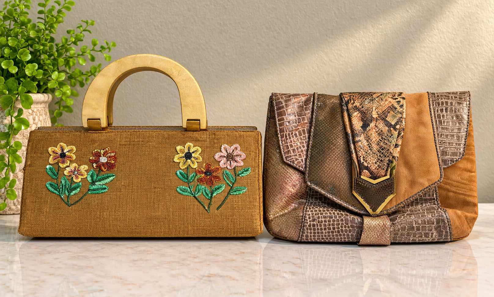 Photo 1 of VINTAGE EMBROIDERED WOVEN TAN HANDBAG  & MULTI-TEXTURE PATCHWORK CLUTCH BAG
