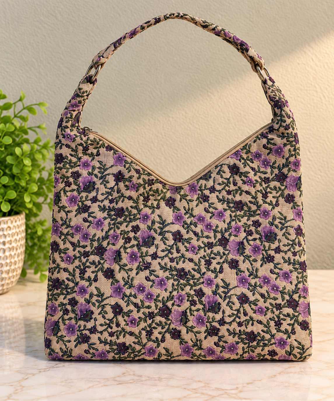Photo 1 of PURPLE AND GREEN FLORAL BEADED HOBO SHOULDER BAG