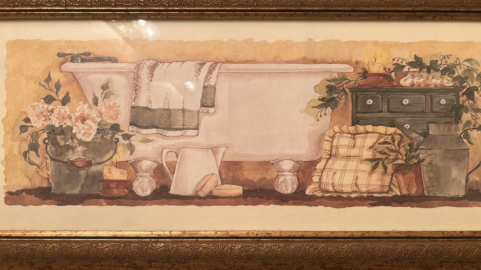 Photo 1 of VINTAGE STYLE WATERCOLOR ART PRINT GOLD FRAMED W CLAWFOOT BATHTUB 24" X 11"