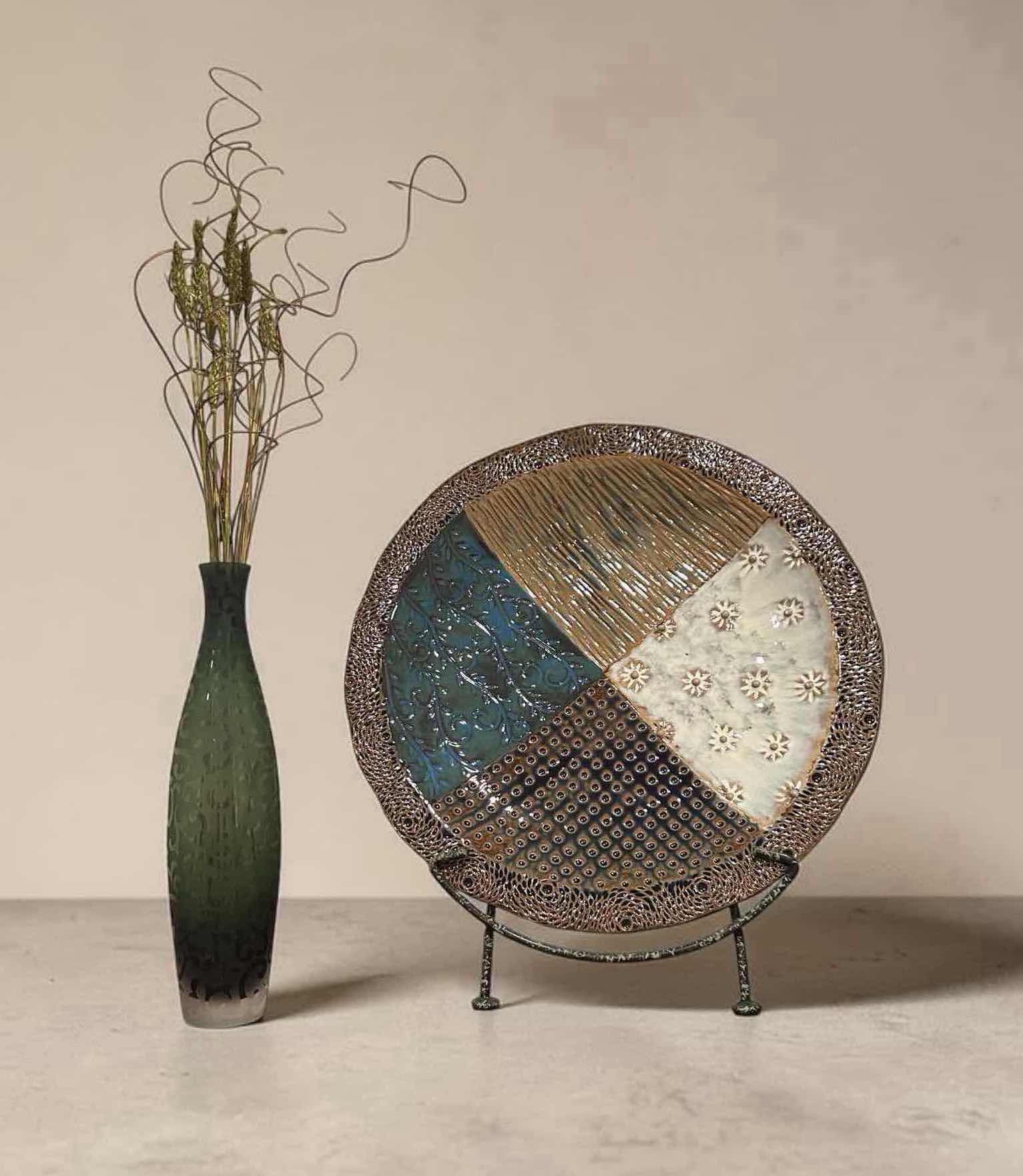 Photo 1 of DECORATIVE CERAMIC PLATTER ON STAND 20" W GREEN GLASS VASE 17"