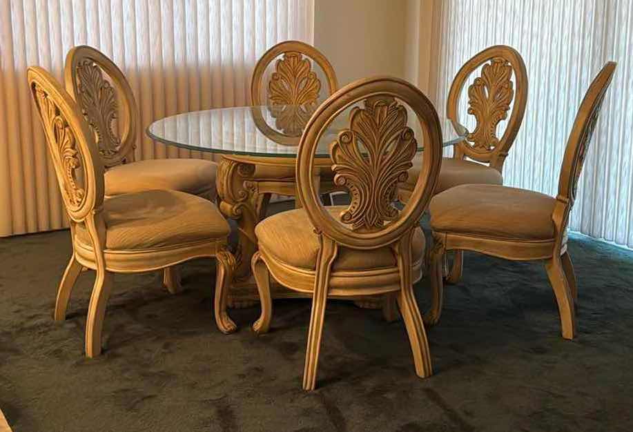Photo 1 of 54” ROUND GLASS TOP BLONDE HEAVY WOOD PEDESTAL DINING TABLE (CHAIRS SOLD SEPARATELY)