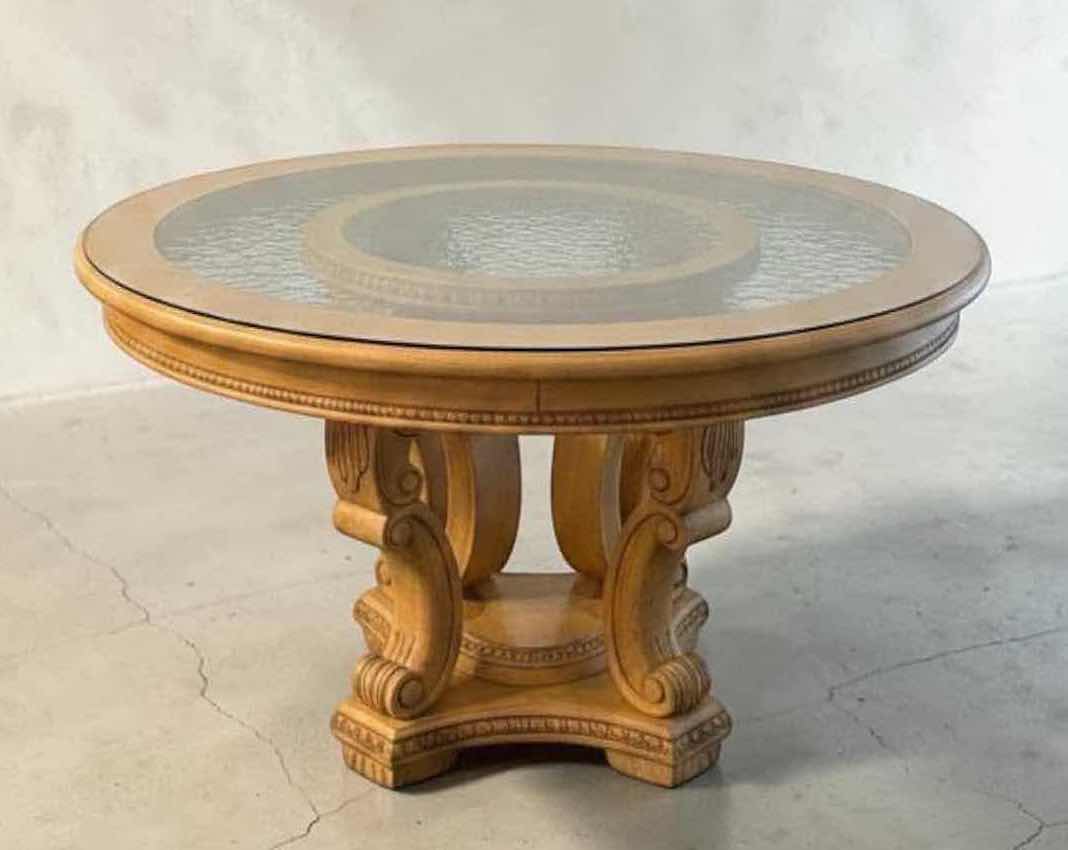 Photo 1 of 54” ROUND GLASS TOP BLONDE HEAVY WOOD PEDESTAL DINING TABLE (CHAIRS SOLD SEPARATELY)