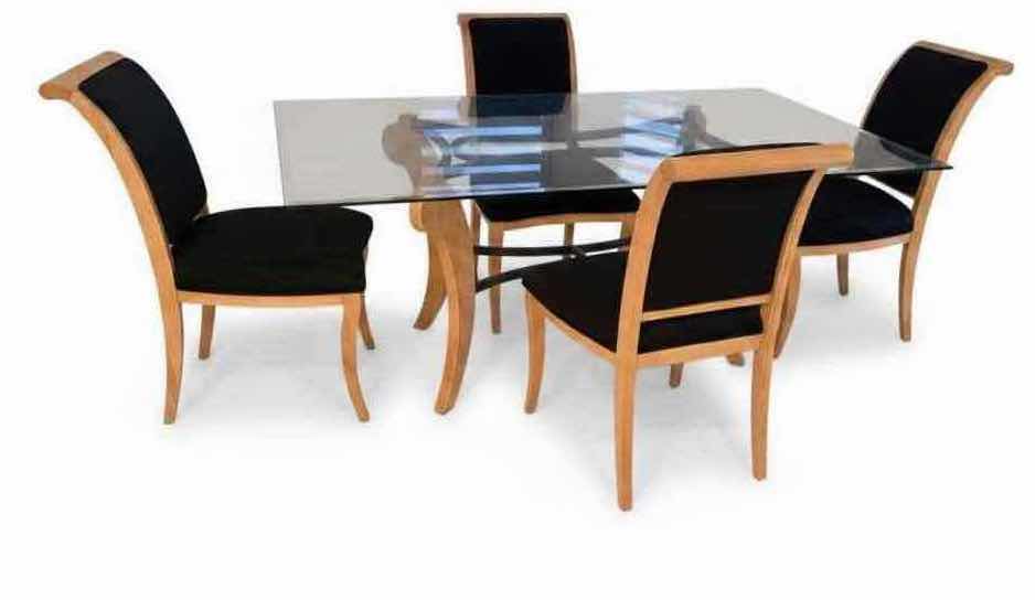 Photo 1 of BLONDE WOODEN W BLACK IRON BASE & GLASS TOP TABLE W 4 BLACK FABRIC SIDE CHAIRS 72”x43” H30”
