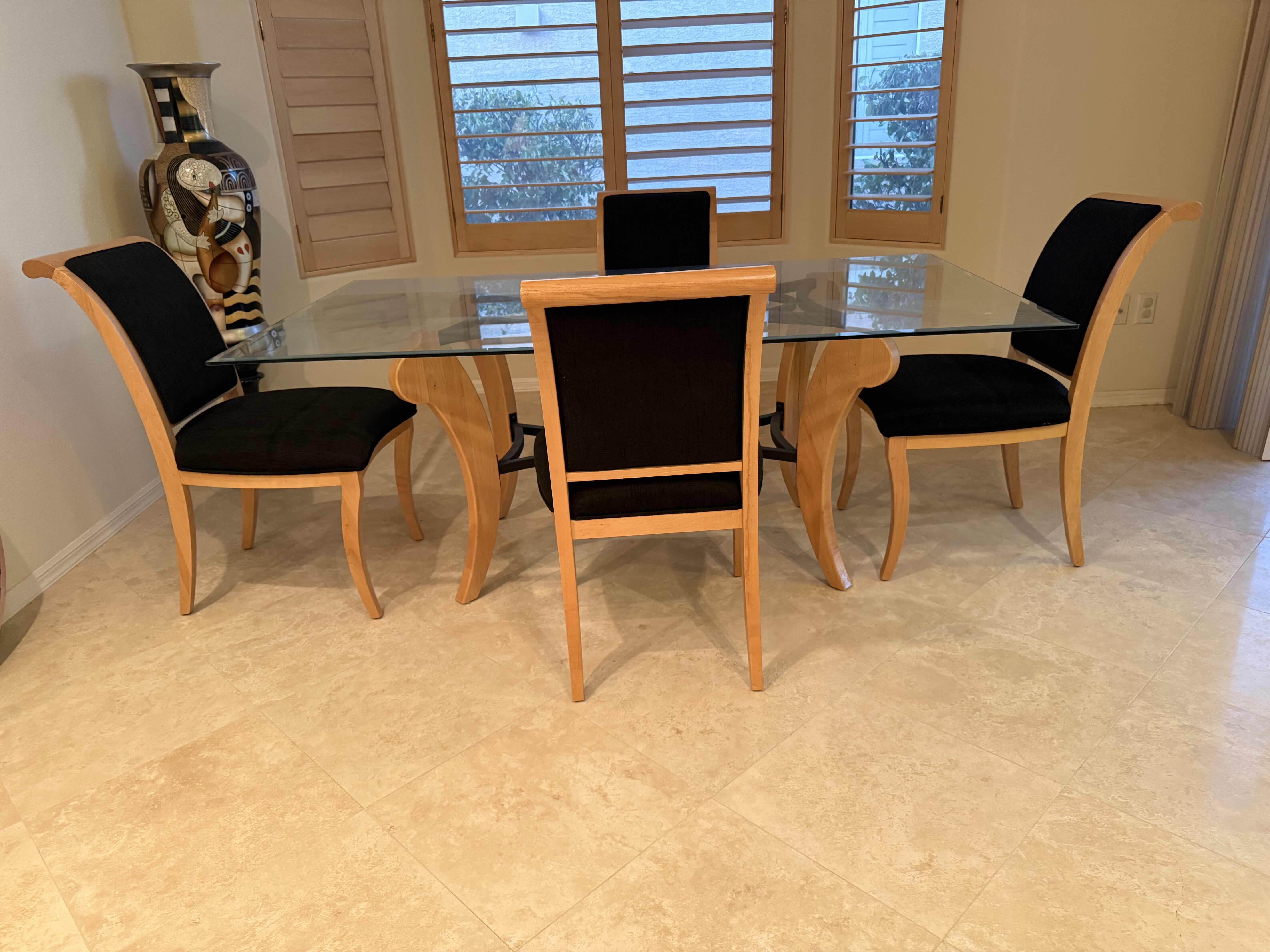 Photo 1 of BLONDE WOODEN W BLACK IRON BASE & GLASS TOP TABLE W 4 BLACK FABRIC SIDE CHAIRS 72”x43” H30”