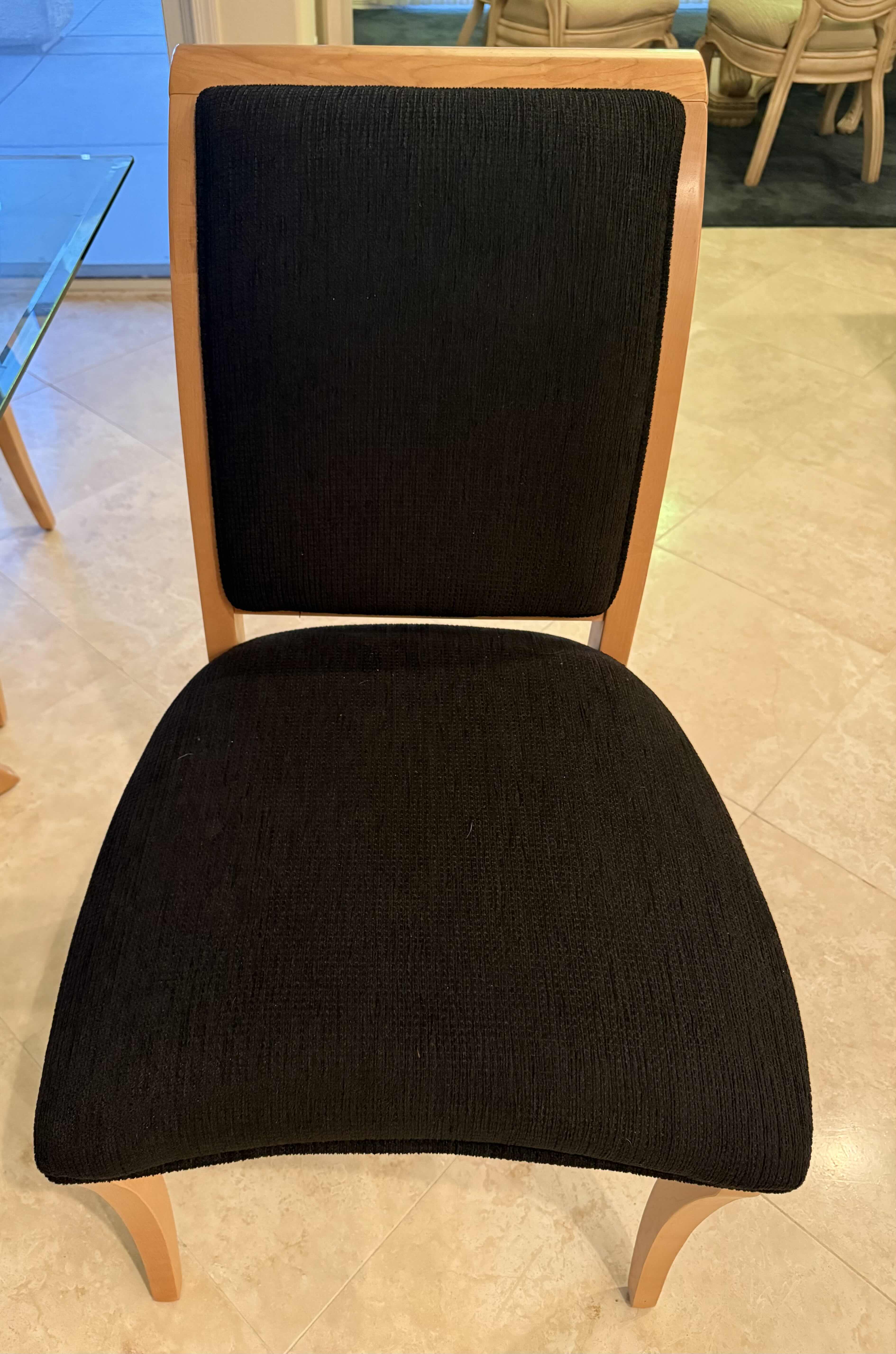 Photo 1 of BLONDE WOODEN W BLACK IRON BASE & GLASS TOP TABLE W 4 BLACK FABRIC SIDE CHAIRS 72”x43” H30”