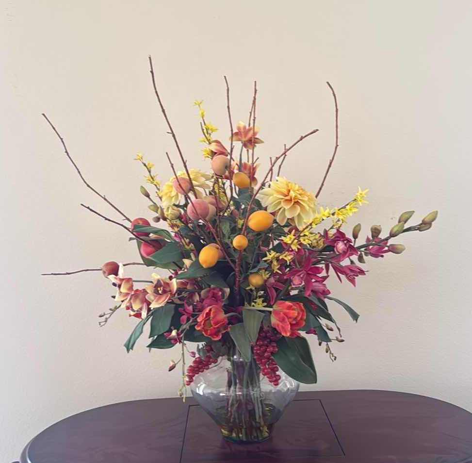Photo 1 of FAUX FLORAL ARRANGEMENT IN GLASS VASE H35”