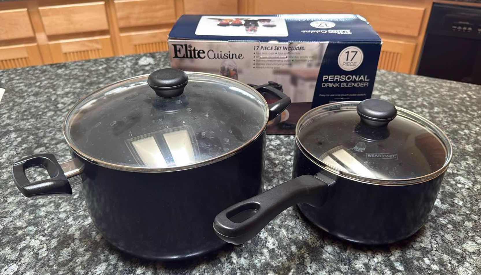 View 1 of 2-WEAREVER POTS W LIDS, NIB ELITE CUISINE DRINKING BLENDER SET