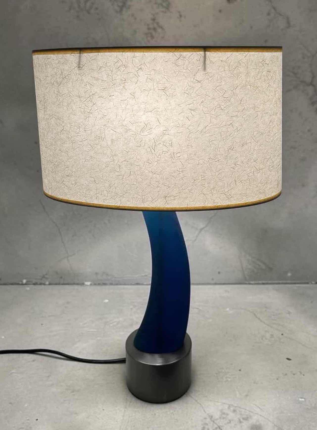 Photo 1 of MODERN BLUE ART GLASS TABLE LAMP W CURVED HORN SHAPE & SILVER BASE NEUTRAL DRUM SHADE H  23"