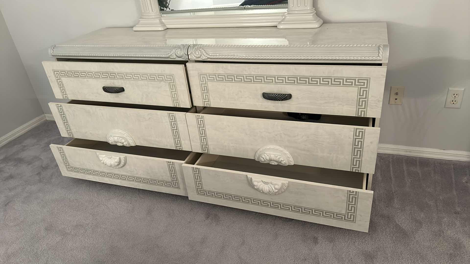 Photo 1 of AIDA WHITE/SILVER VENEER DRESSER SHINY FINISH W MATCHING MIRROR 72" X 20" H 32"