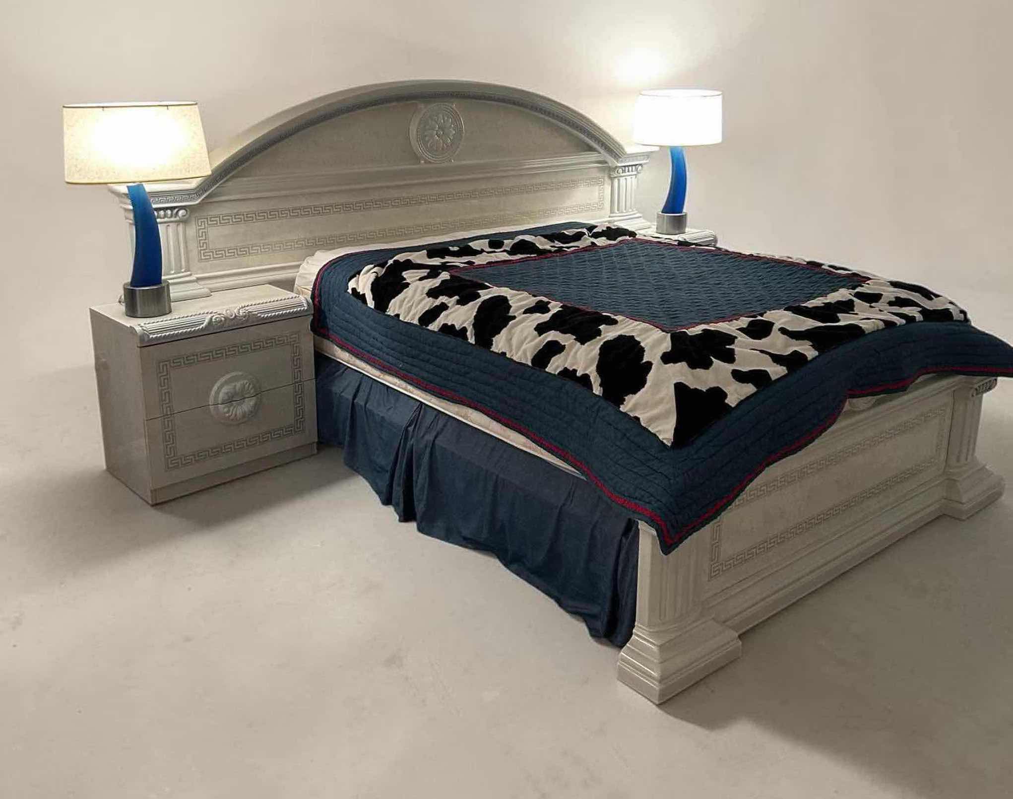 Photo 1 of AIDA WHITE/SILVER QUEEN VENEER BEDFRAME MATCHING NIGHTSTANDS QUILT INCLUDED TABLE LAMPS & MATTRESS SOLD SEPARATELY