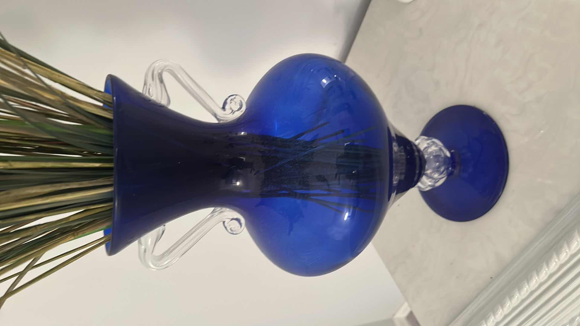 Photo 1 of COBALT BLUE GLASS VASE W FAUX FLOWERS H 36"