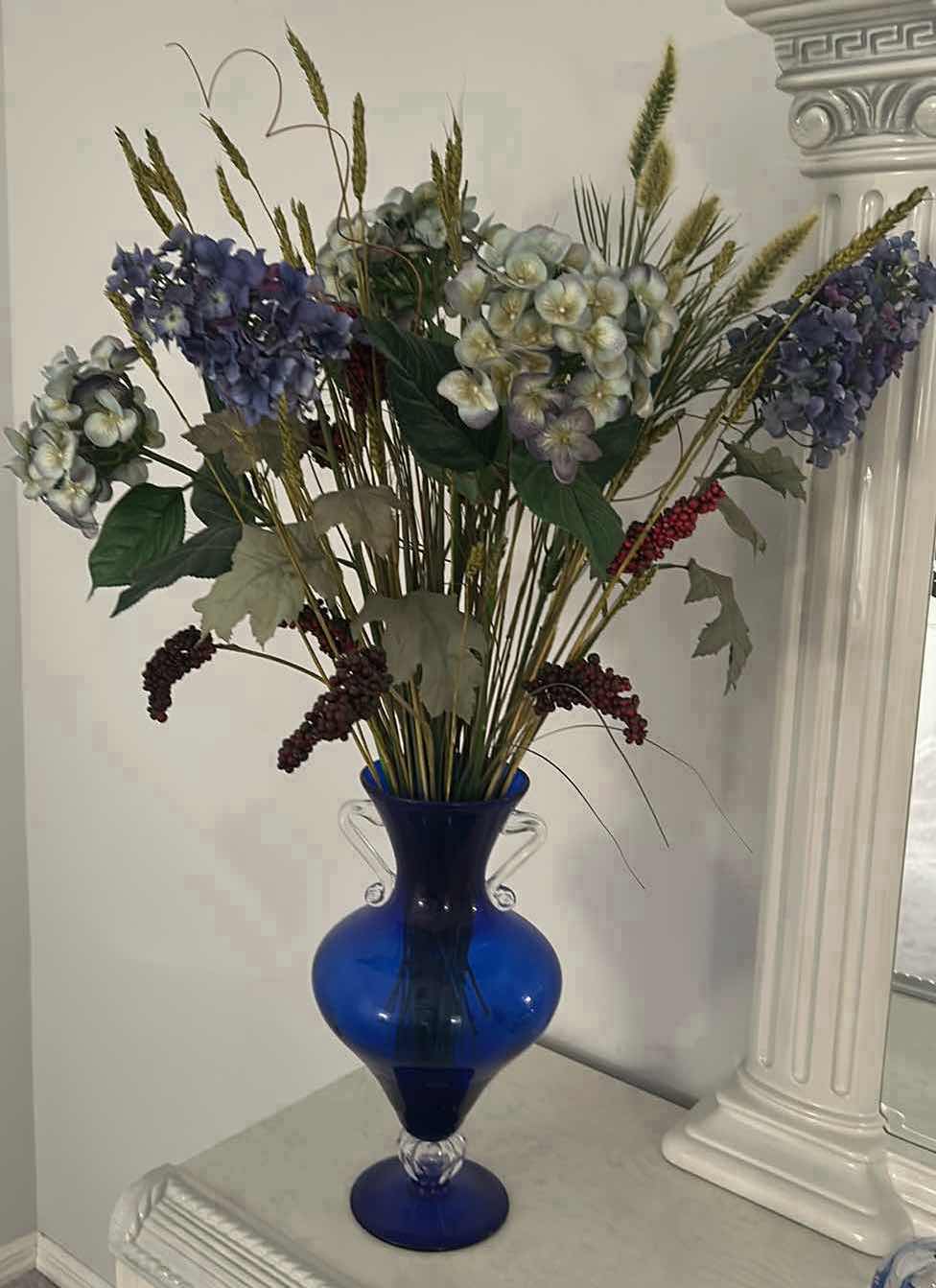 Photo 1 of COBALT BLUE GLASS VASE W FAUX FLOWERS H 36"