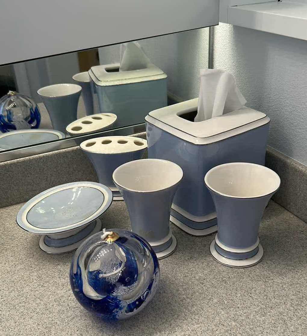 Photo 1 of LIGHT BLUE CERAMIC BATHROOM TISSUE HOLDER SOAP DISH CUPS