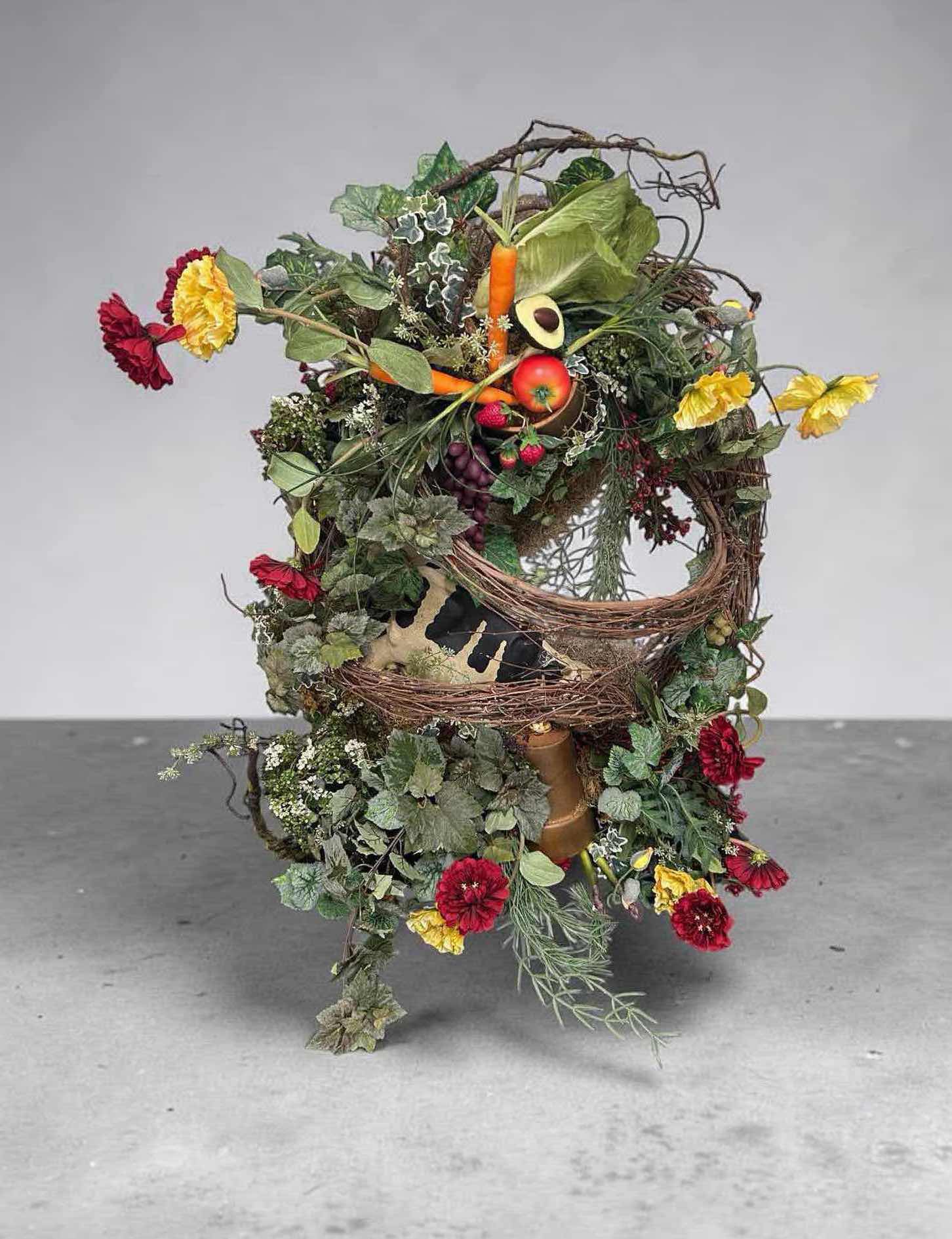 Photo 1 of AUTUMN HARVEST GRAPEVINE WREATH W FLORAL AND COW VEGETABLE DESIGN H 30" X 51" $90