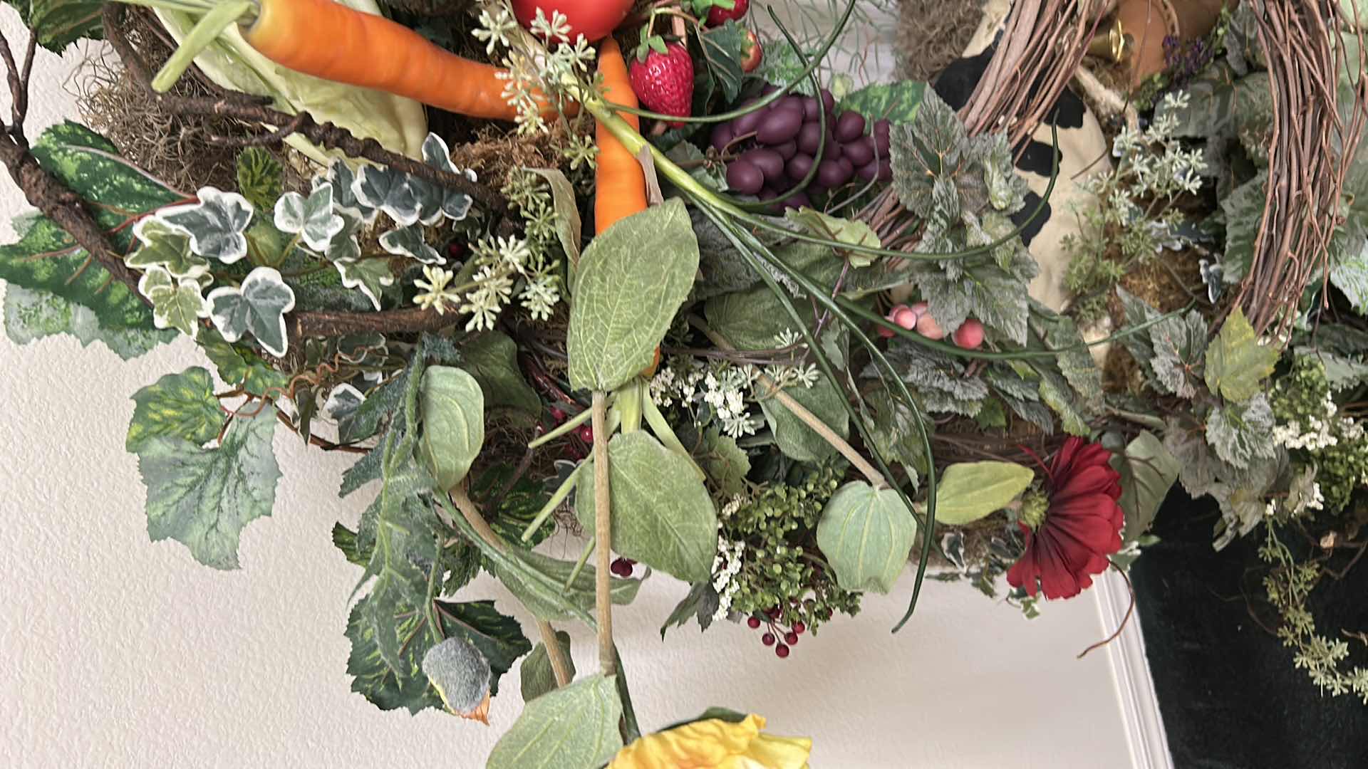 Photo 1 of AUTUMN HARVEST GRAPEVINE WREATH W FLORAL AND COW VEGETABLE DESIGN H 30" X 51" $90