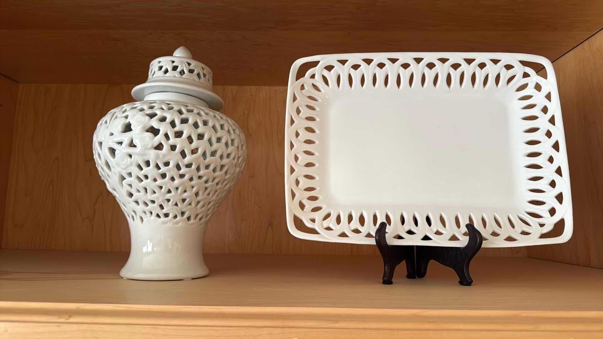 Photo 1 of PORCELAIN WHITE PLATTER ON STAND, JAR W LID H11”