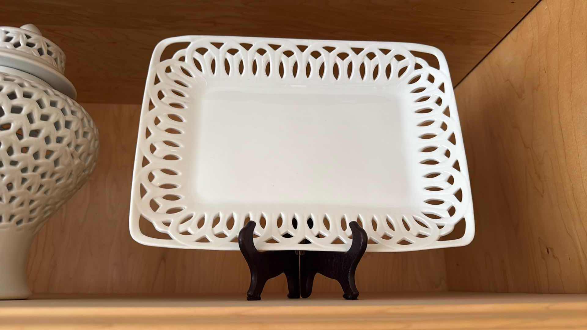 Photo 1 of PORCELAIN WHITE PLATTER ON STAND, JAR W LID H11”