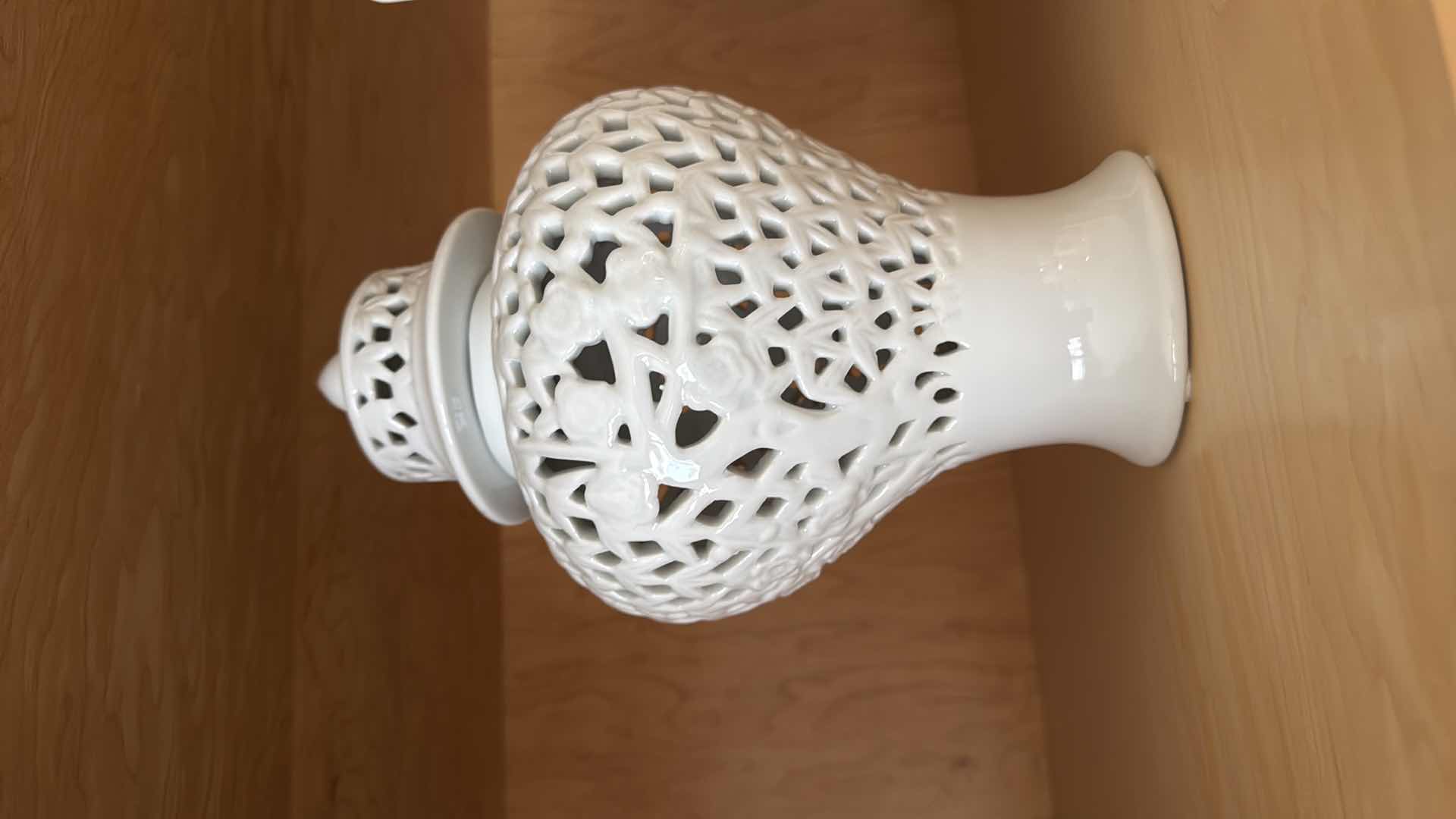 Photo 1 of PORCELAIN WHITE PLATTER ON STAND, JAR W LID H11”
