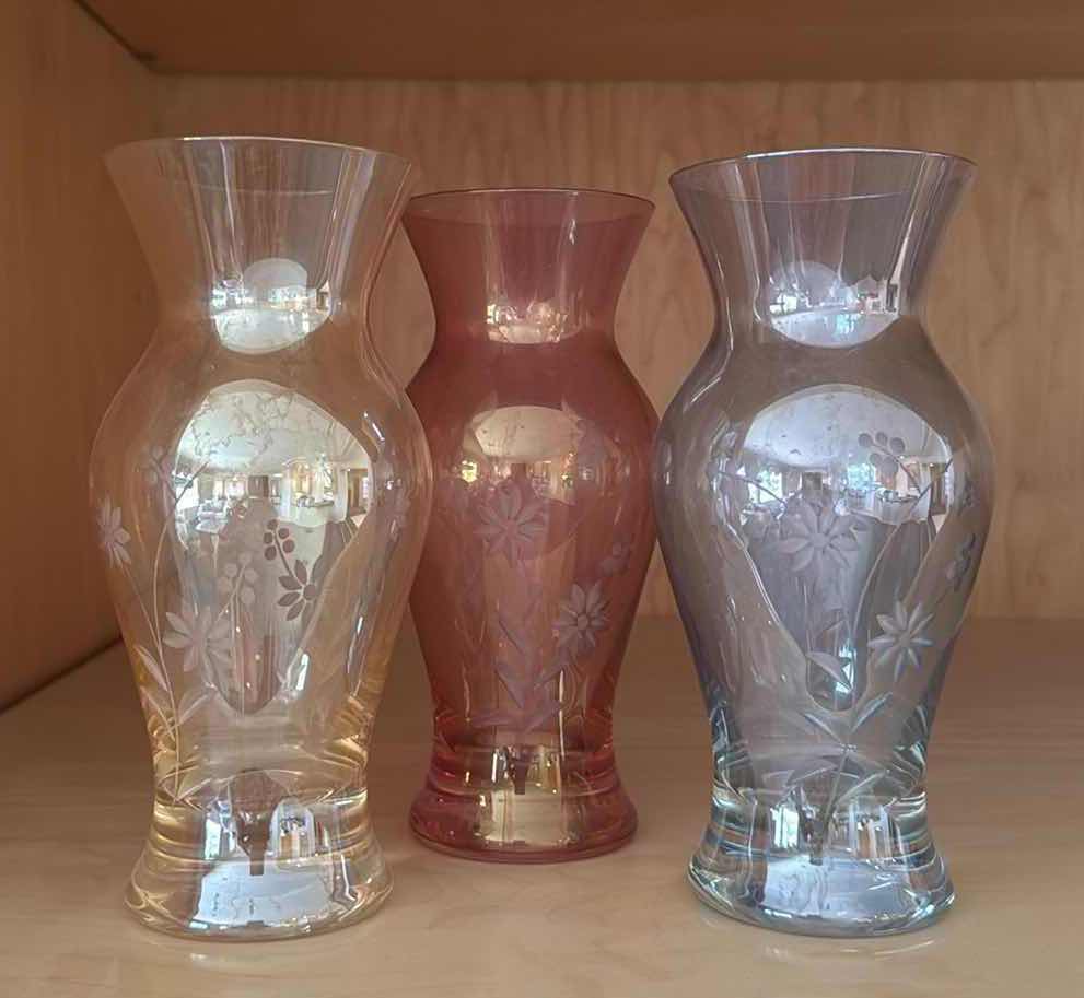 Photo 1 of 3-GLASS COLORFUL VASES H7”