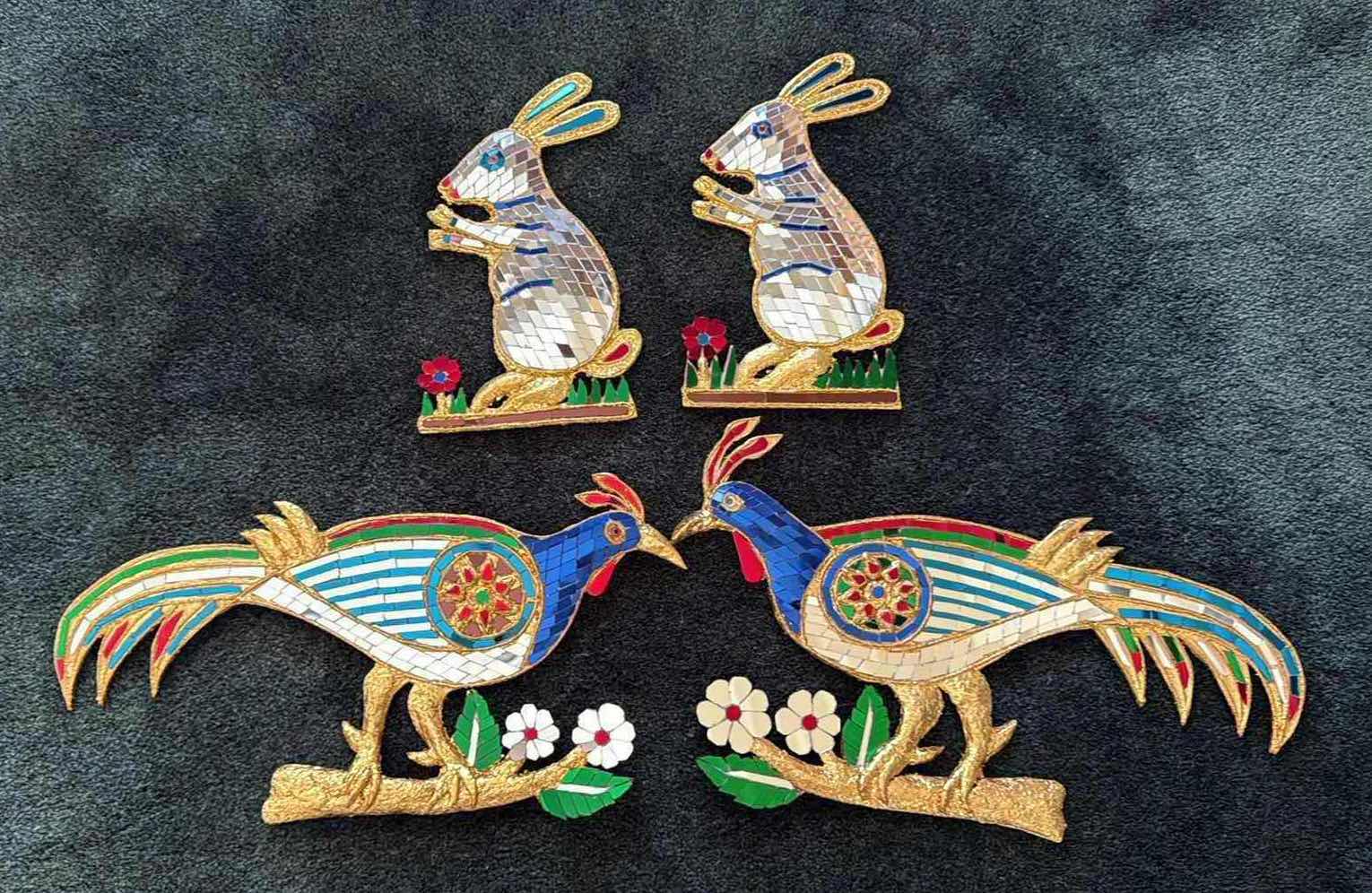 View 1 of 4-BIRDS &RABBITS ON WOOD W GLASS COLOR FINISH