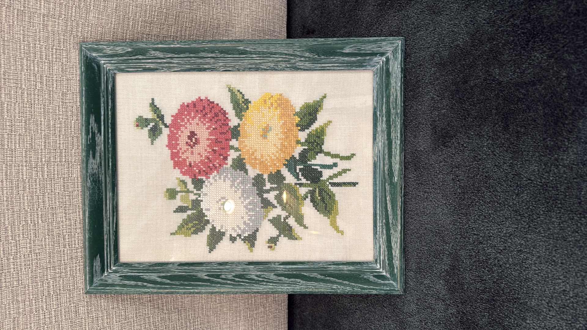 Photo 1 of GREEN WOOD FRAMED FLORAL NEEDLEPOINT ARTWORK 15”x19”