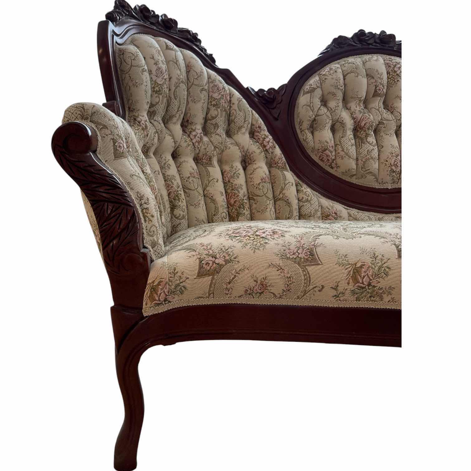 Photo 1 of ANTIQUE VICTORIAN STYLE SOFA W MAHOGANY FRAME AND PLEATED FLORAL UPHOLSTERY 68”X20.5”H40