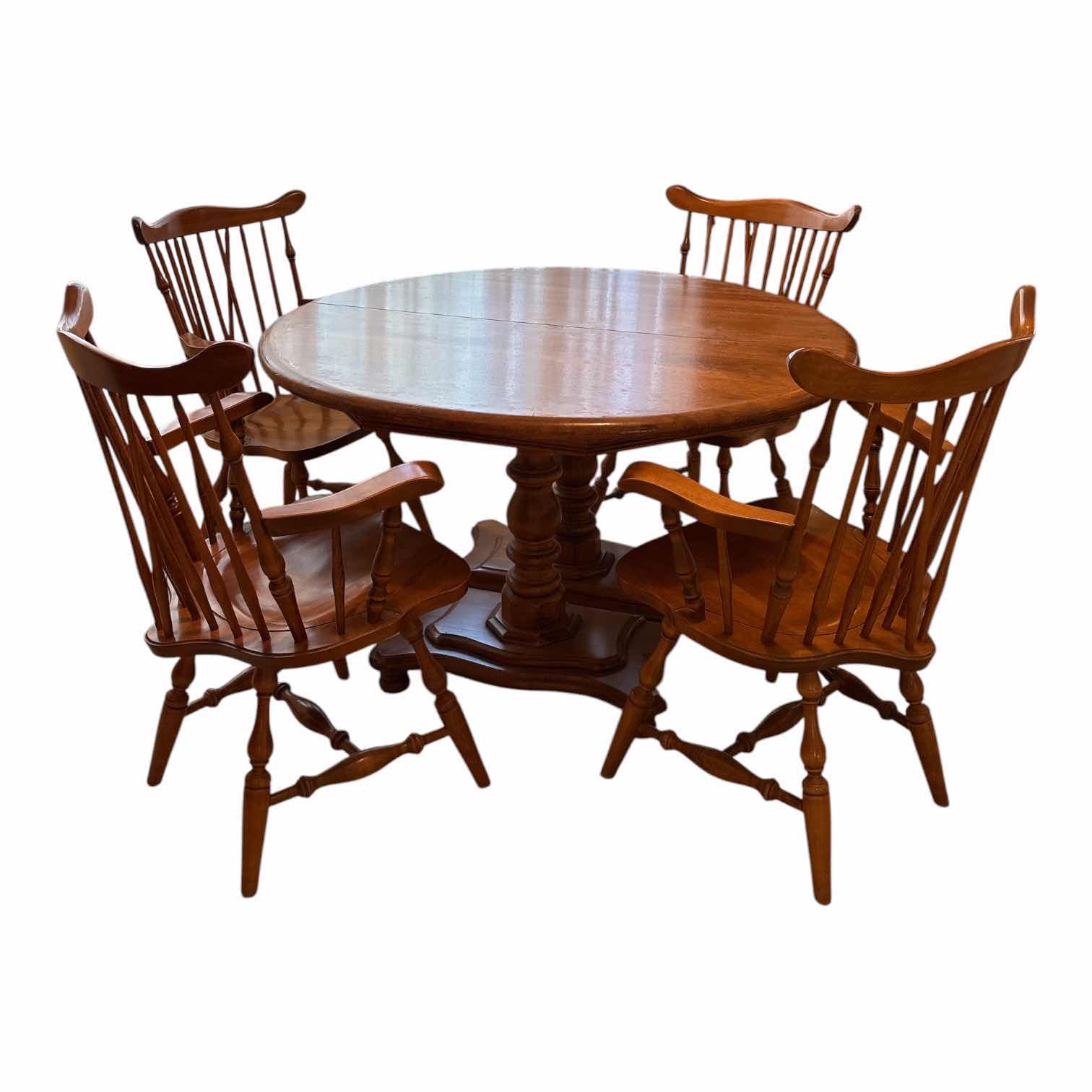 Photo 1 of (5)PCS TELL CITY CHAIR COMPANY DINING DOUBLE PEDESTAL TABLE W SPINDLE BACK CHAIRS 46.5” SEAT H17.5”TOTAL H35.5” TABLE D45”