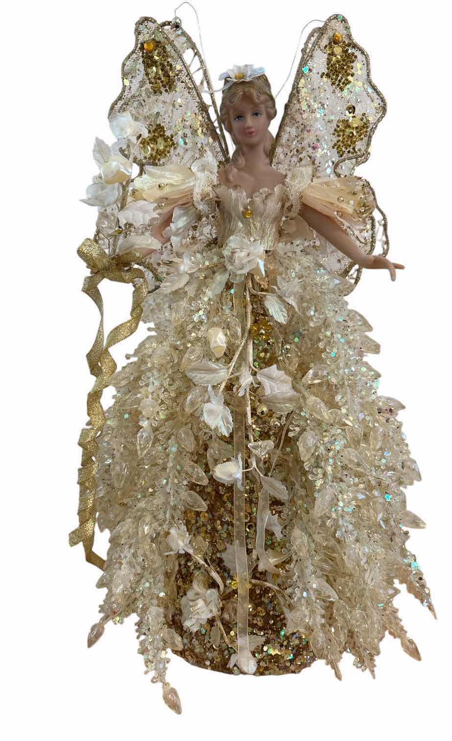 View 1 of VINTAGE IVORY AND GOLD ANGEL CHRISTMAS TREE TOPPER (NO LIGHTS) H17” $100