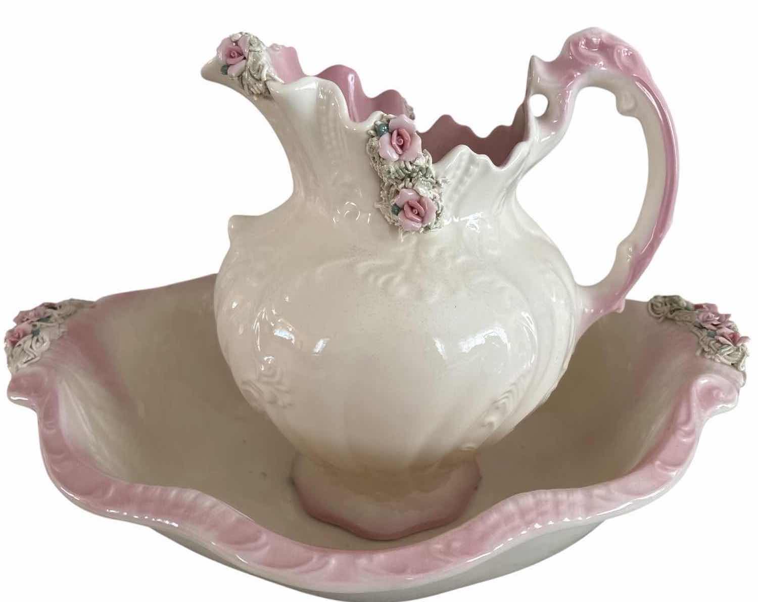 Photo 1 of VINTAGE RON RATIBOR CERAMIC VICTORIAN PORCELAIN WATER AND WASH BASIN W SOFT PINK ROSES H10.5”