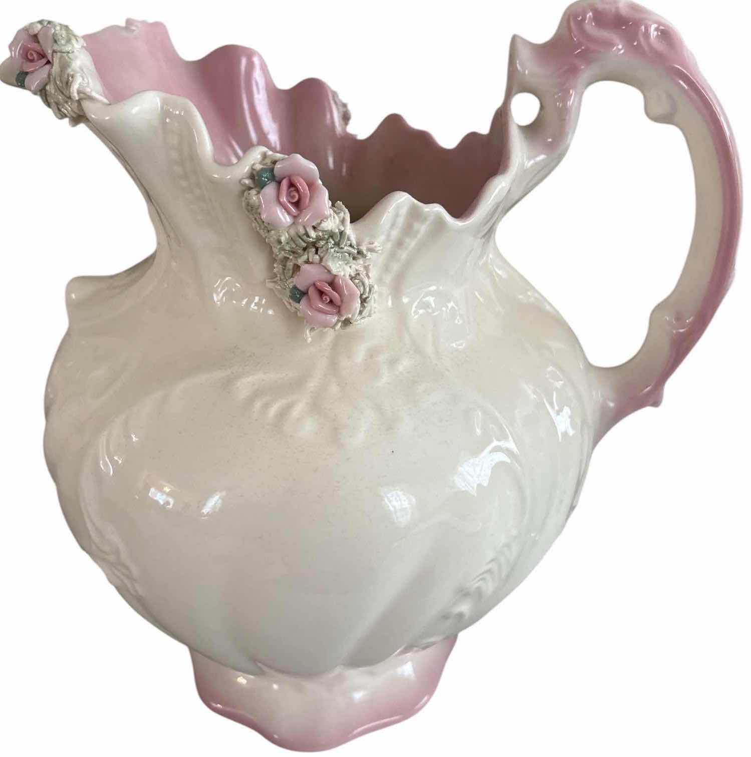 Photo 1 of VINTAGE RON RATIBOR CERAMIC VICTORIAN PORCELAIN WATER AND WASH BASIN W SOFT PINK ROSES H10.5”