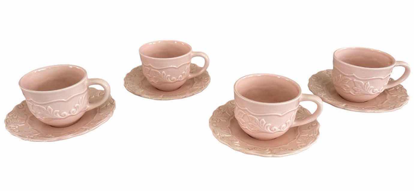 Photo 1 of (4)PCS PORTUGAL CERAMICS ROSE COLOR TEACUPS W SAUCERS H3”